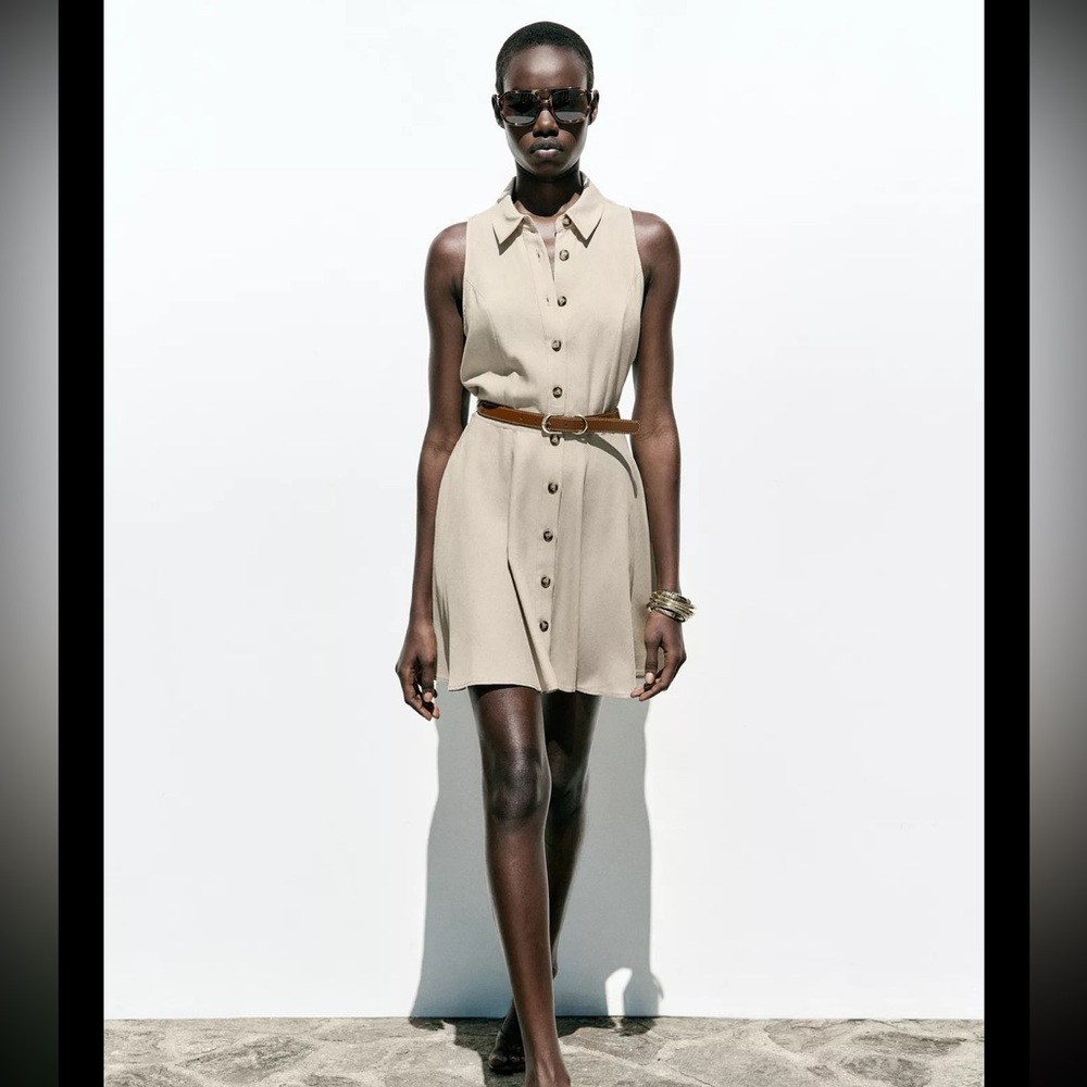 Zara Sleeveless Button-Front Mini Dress in Beige with Tan Belt